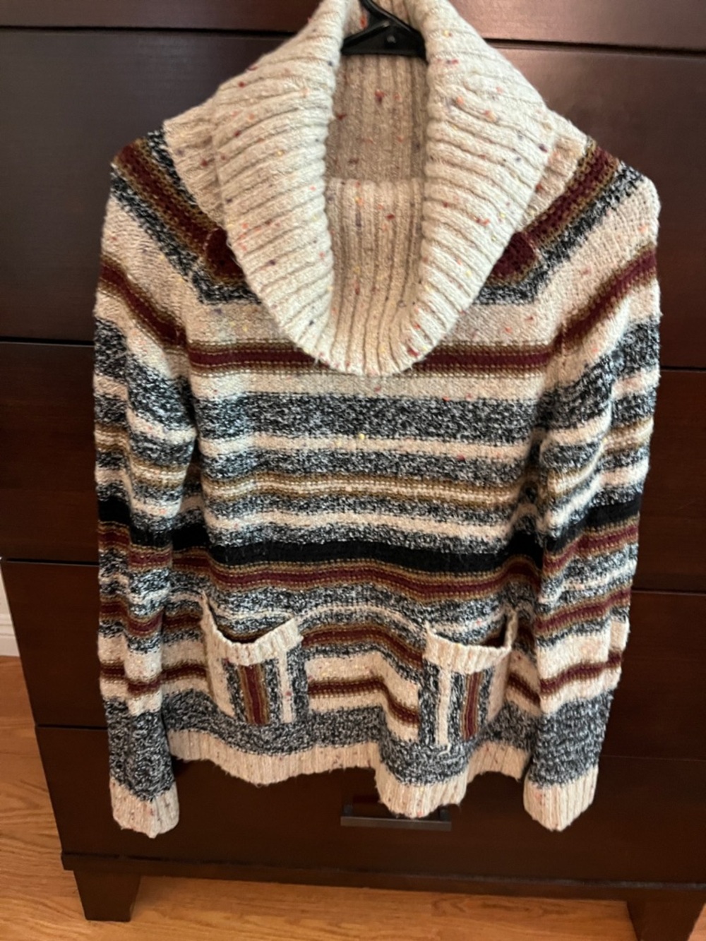 Cozy Striped Shawl Collar Wool blend Sweater in Cream and Multicolor